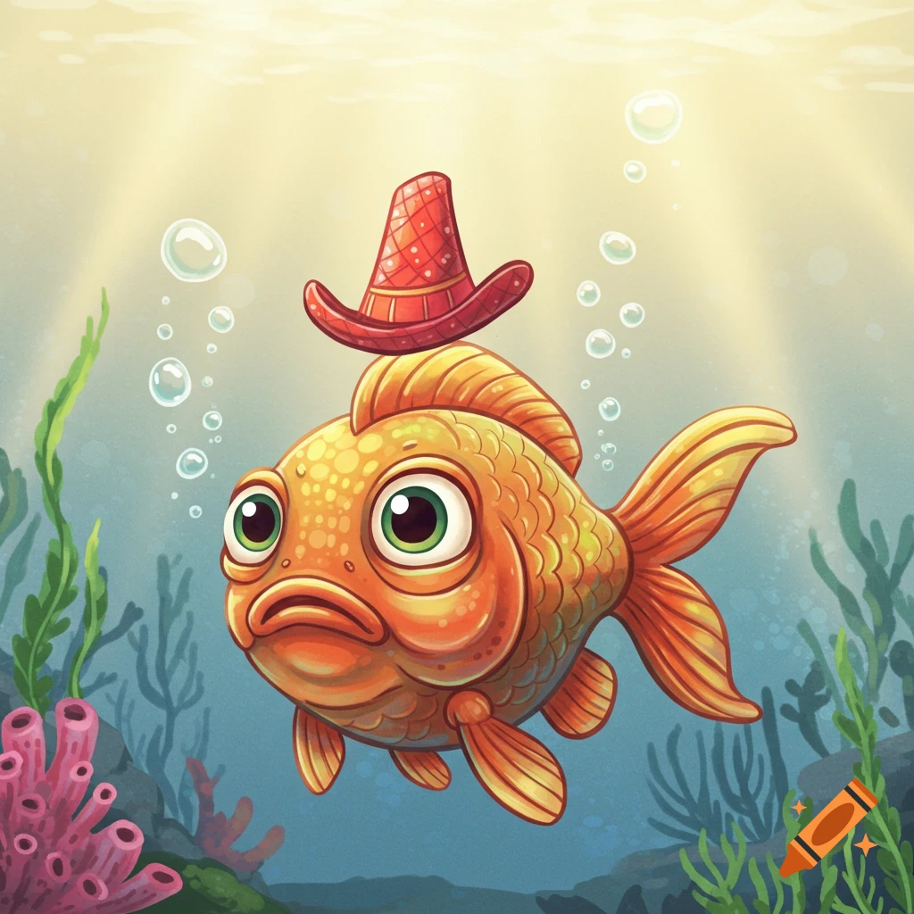 A wide-eyed cartoon goldfish wearing a small red cowboy hat floats underwater amidst green plants and pink coral.