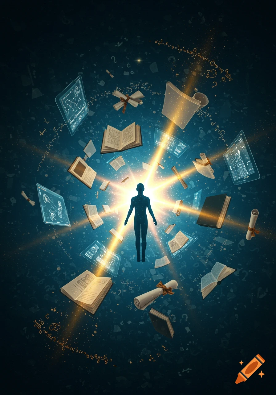 A glowing human silhouette surrounded by books, scrolls, and digital screens, representing knowledge and learning.