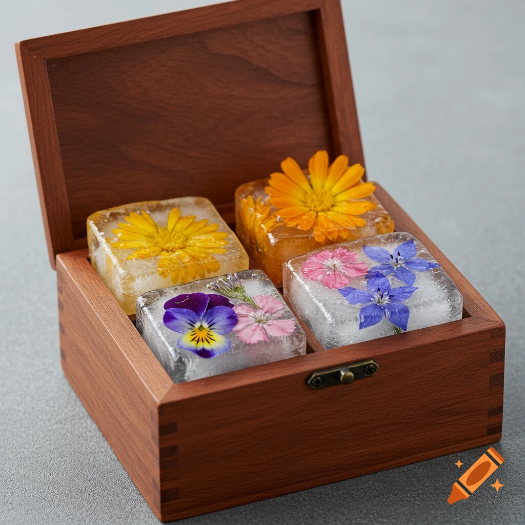 Four ice cubes with colorful edible flowers, including viola, calendula, dianthus, and borage, in a wooden box with an open lid.