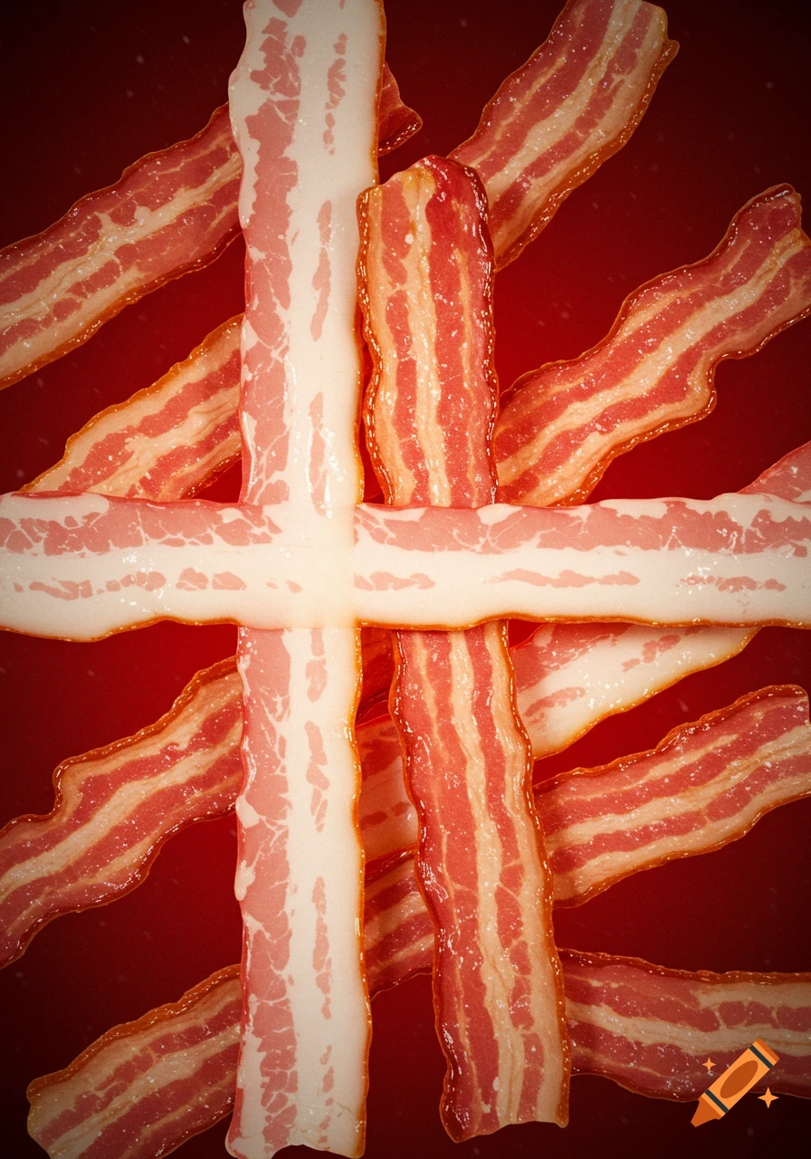 Strips of bacon arranged in a cross pattern on a red background, resembling the Danish flag.