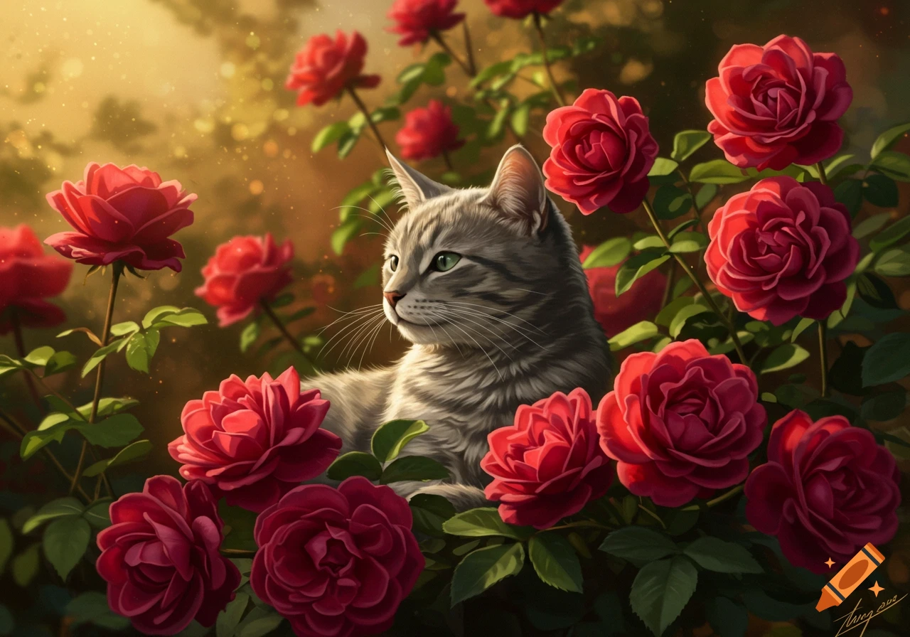 A grey tabby cat with green eyes nestled amongst vibrant red roses and green leaves in a sunny, dreamy garden setting.
