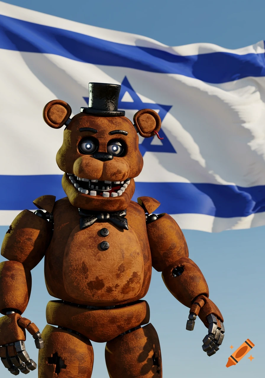 Photorealistic render of Freddy Fazbear in a top hat and bowtie, standing before a waving Israel flag under a blue sky.