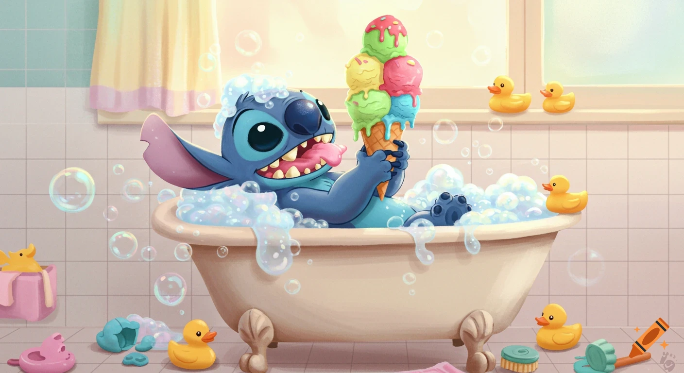 Stitch the alien happily bathes in a bubble-filled tub, eating a giant multi-scoop ice cream cone, surrounded by rubber ducks.
