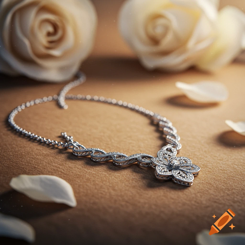 A detailed silver necklace with a floral pendant lies on a brown surface, surrounded by blurred white roses and petals.