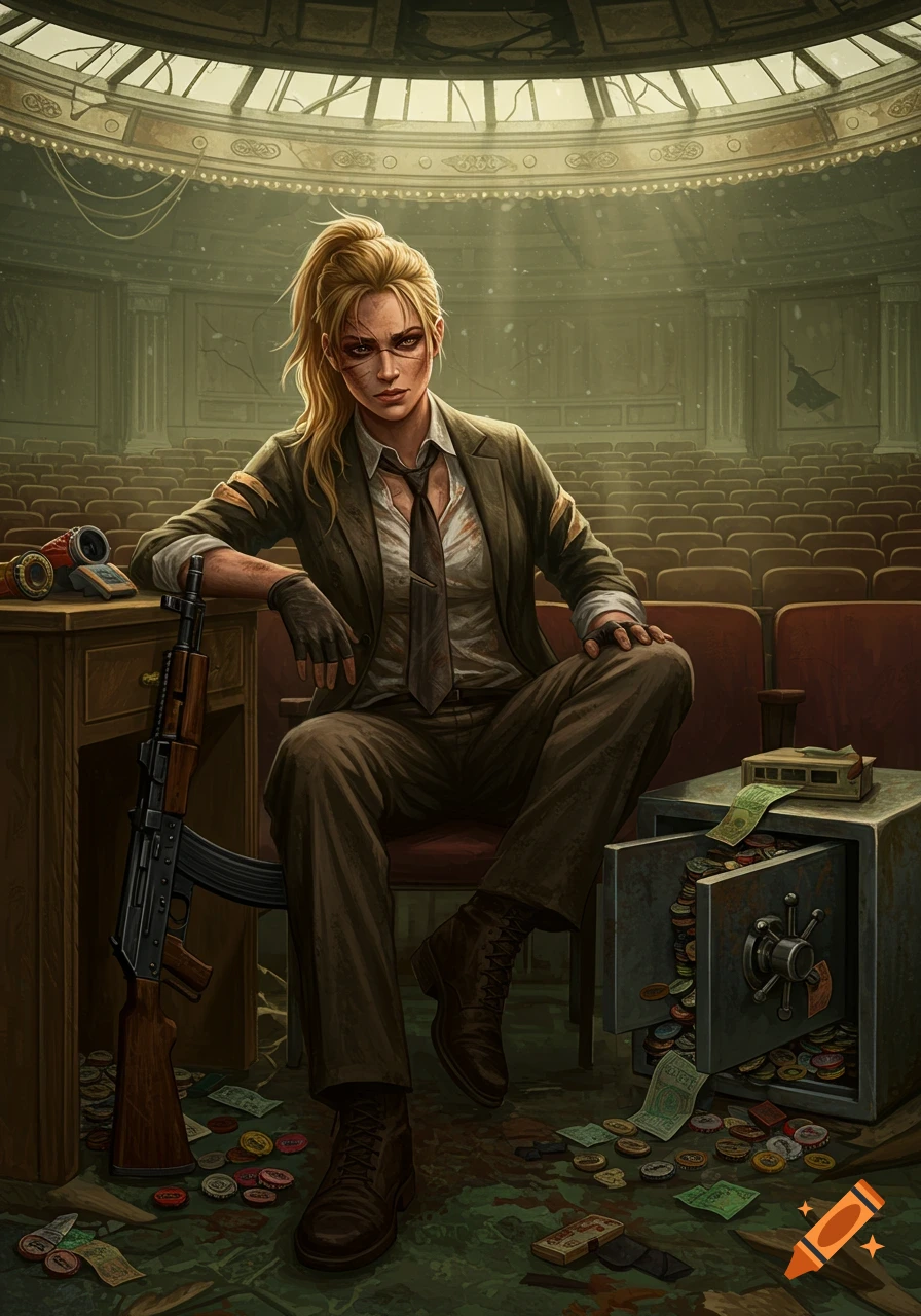 Blonde woman in dirty suit with a rifle, sitting by an open safe of money in a ruined theater, DnD art style.