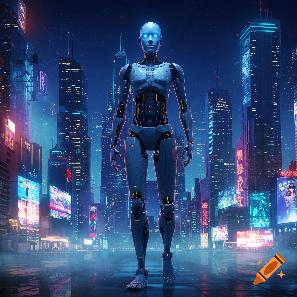 A humanoid robot with glowing blue eyes stands in a neon-lit cyberpunk city at night, surrounded by tall skyscrapers.