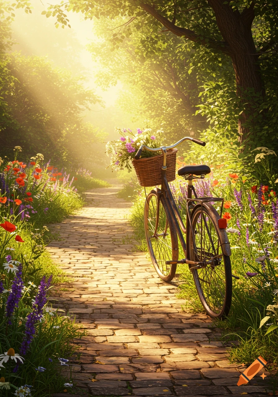 A bicycle with a basket of flowers on a sunlit cobblestone path winding through a vibrant forest with wildflowers.