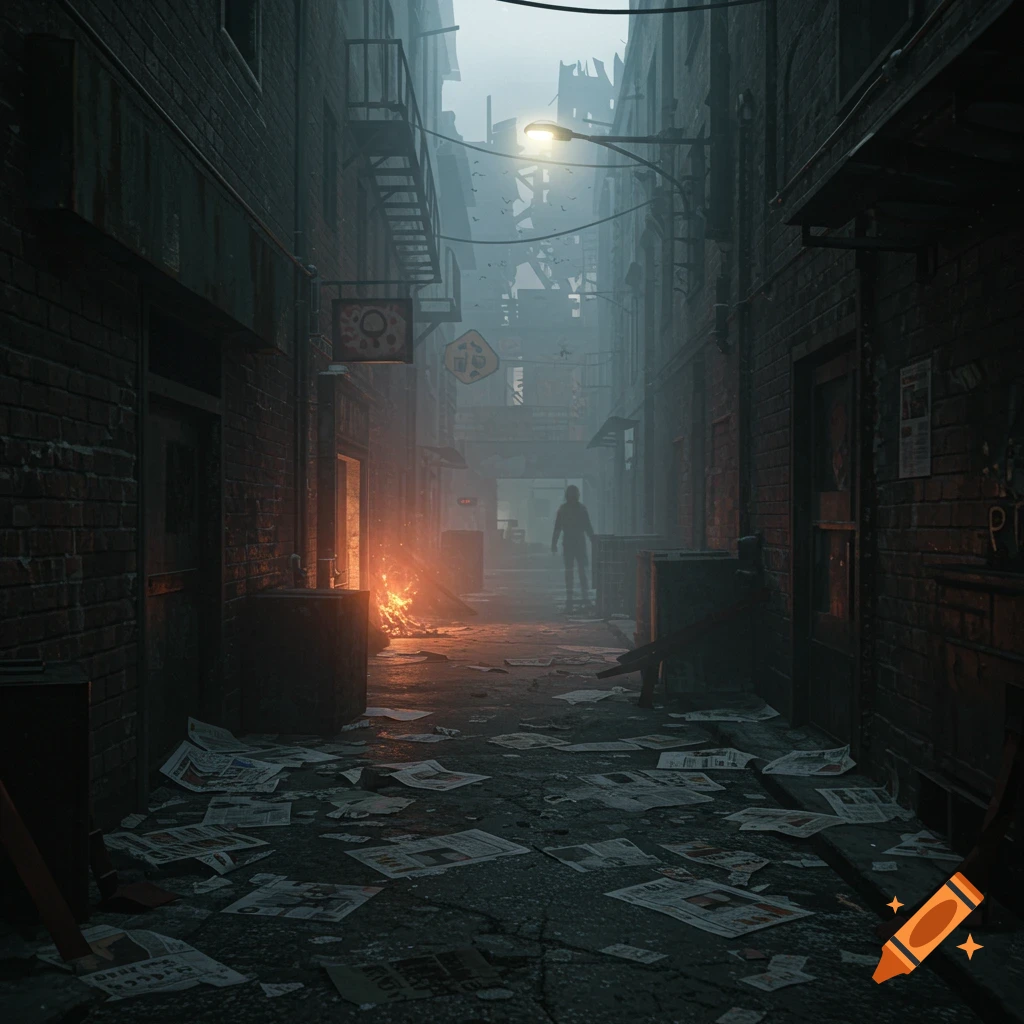 A dark, atmospheric urban alleyway illuminated by a streetlamp and a ground fire, with a silhouetted figure standing in the misty distance and debris scattered on the ground.