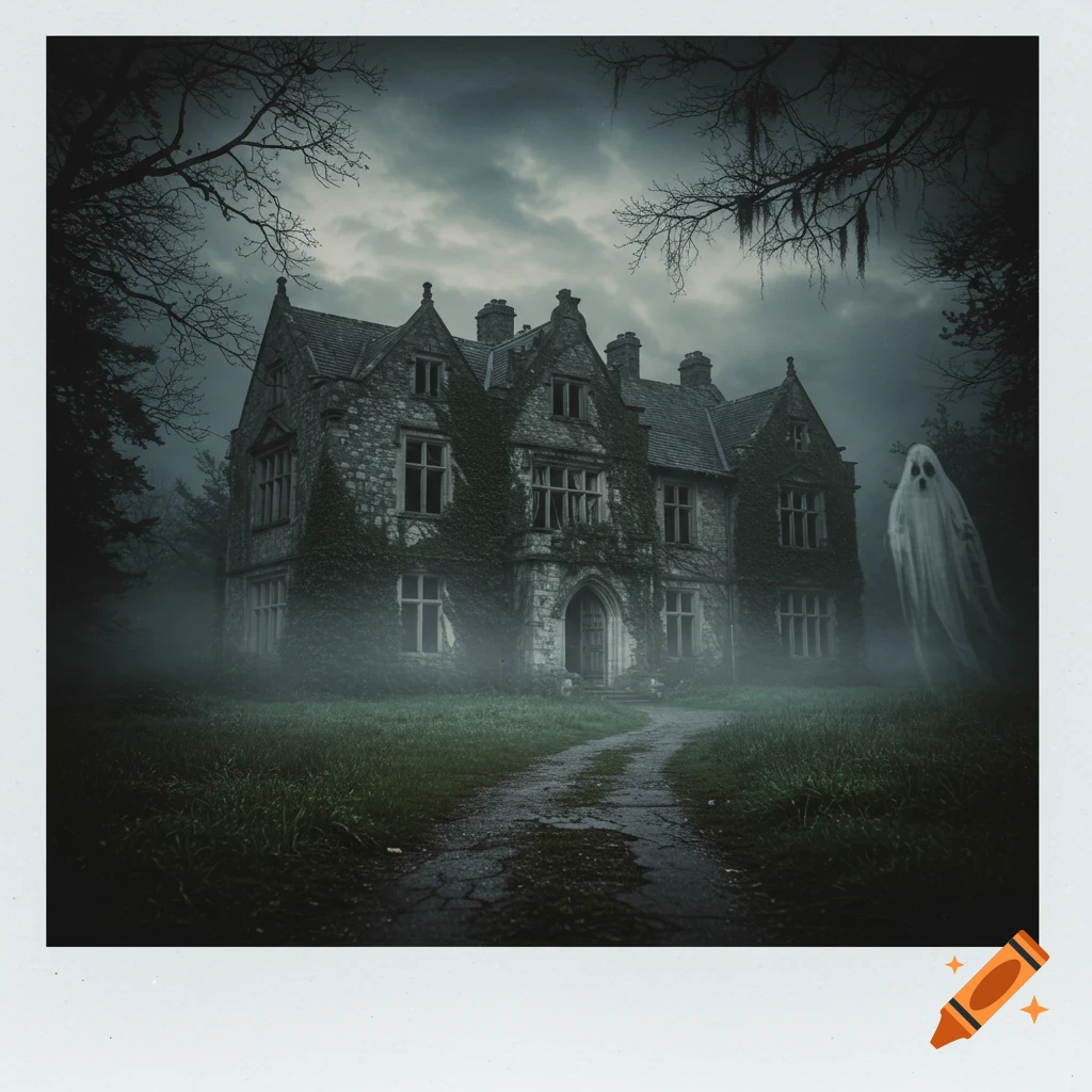 A spooky, fog-shrouded gothic mansion with a ghost floating nearby, on a dark night, in a Polaroid photo style.