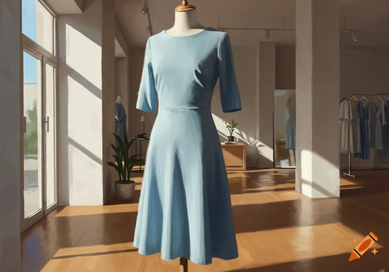 A light blue dress on a mannequin in a sunlit clothing store, with other clothes on racks, in a painterly style.