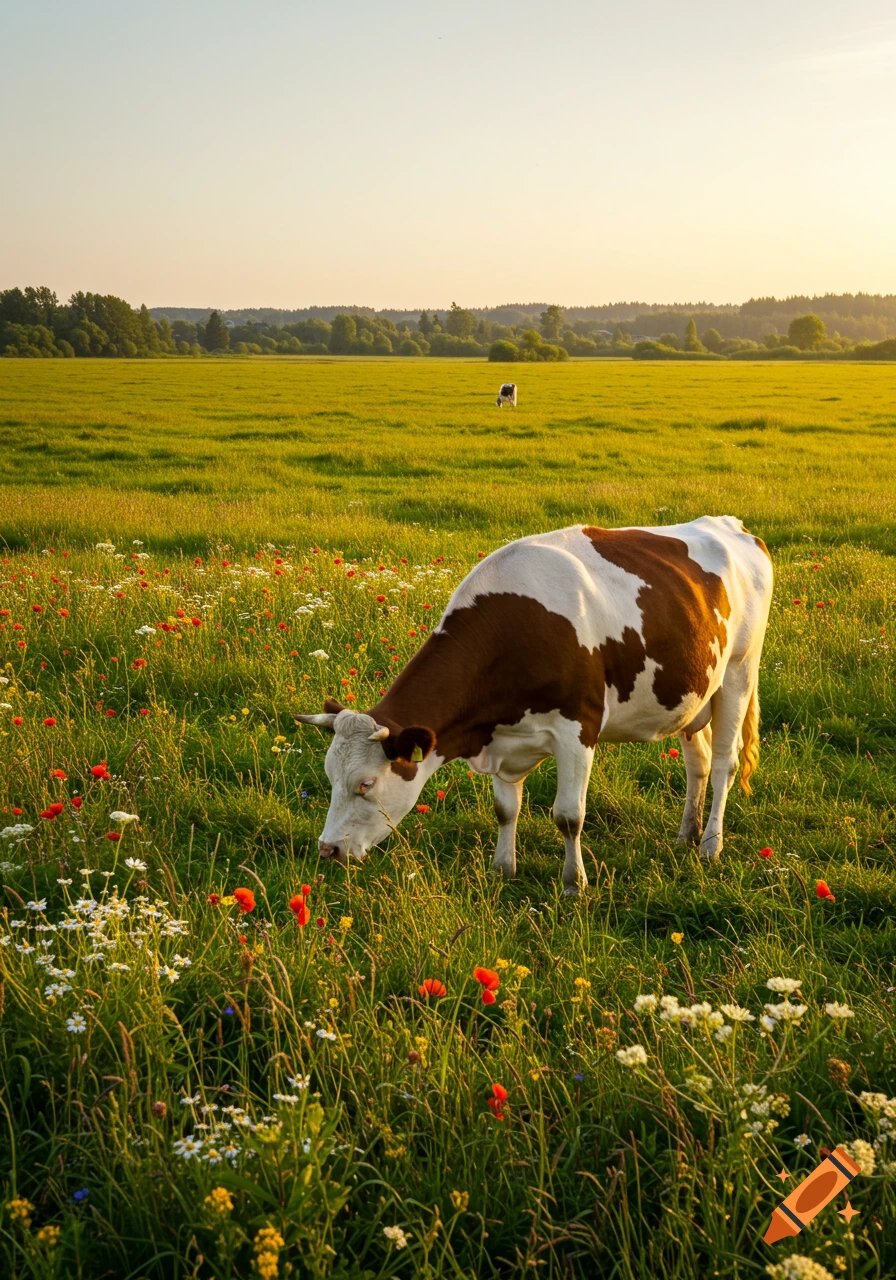 A brown and white cow grazes in a vibrant green field filled with wildflowers under a warm sunset sky.