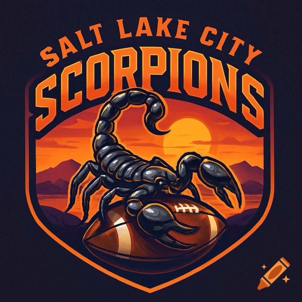A stylized sports logo featuring a black scorpion atop a football, with an orange sunset and mountains in the background, text reads 'Salt Lake City Scorpions'.