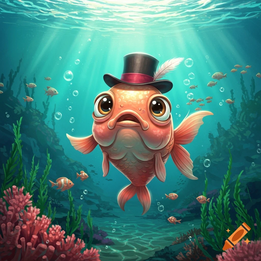 A wide-eyed cartoon fish wearing a black top hat with a feather, swims underwater amidst coral and other fish.