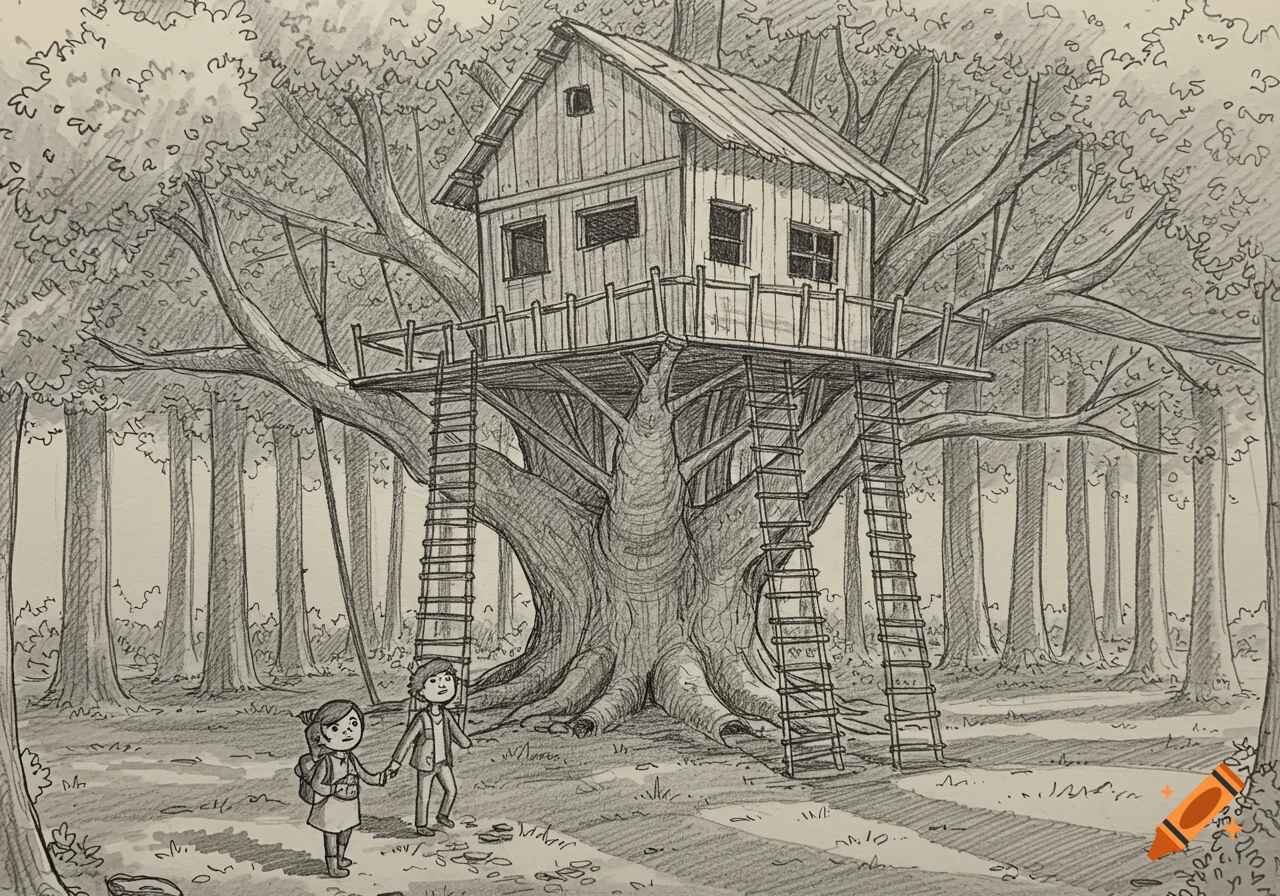 A pencil sketch shows two children holding hands, looking up at a tall treehouse with multiple ladders in a dense forest.