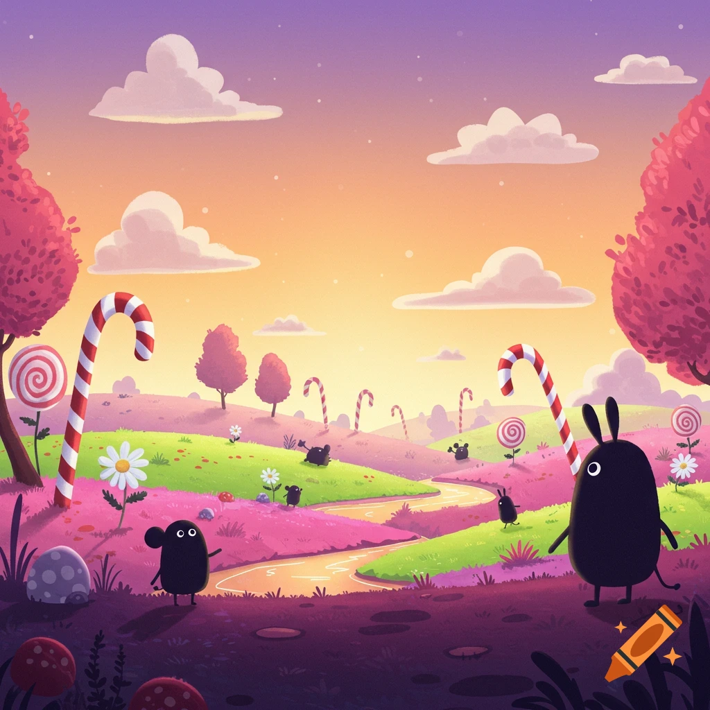 A vibrant cartoon candy land with rolling hills, candy canes, lollipops, and black blob-like creatures.