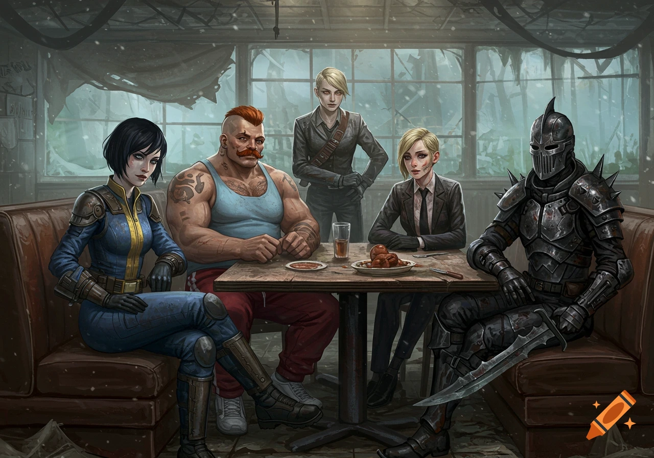 Five diverse characters, including a woman in a Fallout vault suit and a man in spiked armor, sit at a table in a ruined, snowy restaurant. Detailed RPG art style.
