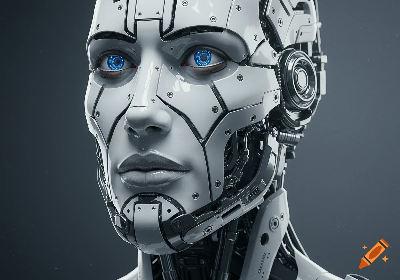 Close-up of a hyperrealistic white and chrome sci-fi android with segmented mechanical features and glowing blue eyes, detailed with internal hydraulics.