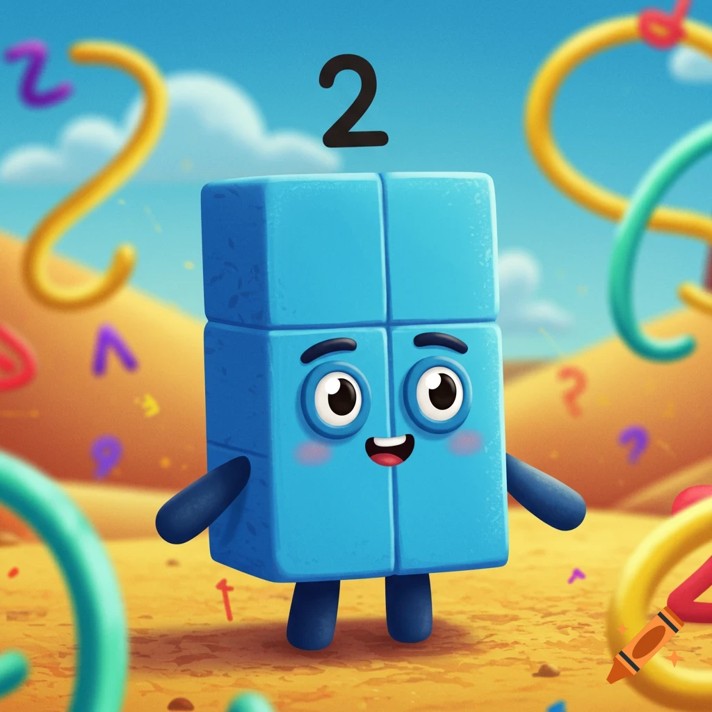 A cheerful blue block cartoon character with a happy face stands in a desert with a large number 2 floating above its head.