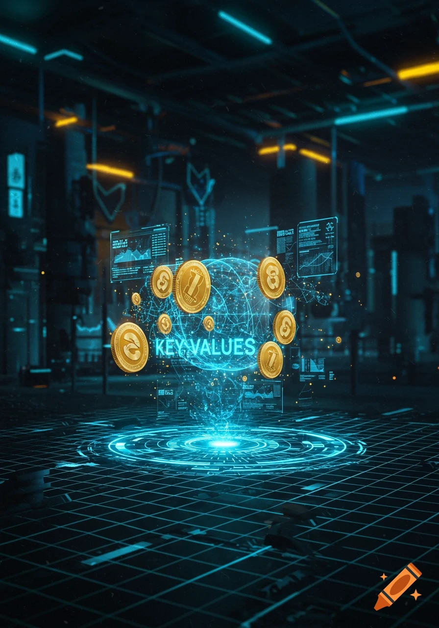 Futuristic digital art showing golden coins, a glowing blue holographic globe with 'KEY VALUES' text, and data screens.