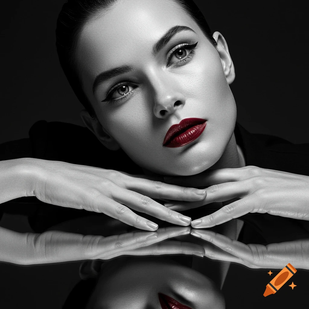 High-fashion black and white portrait of a woman with bold red lipstick, chin resting on hands, reflected on a shiny surface.