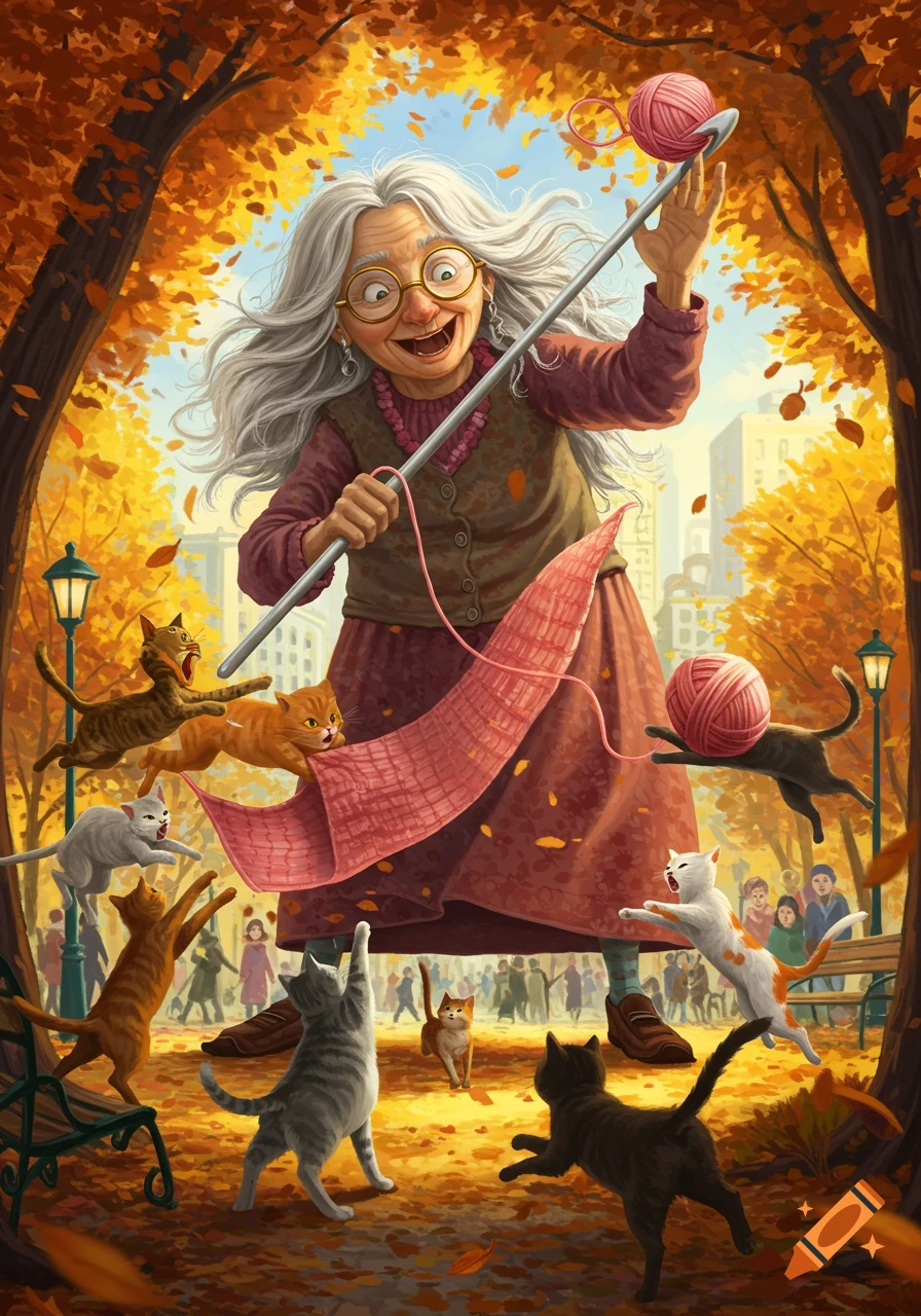 A giant, happy old lady knitting in an autumn park while numerous cats playfully fight with her pink yarn. Stylized illustration.
