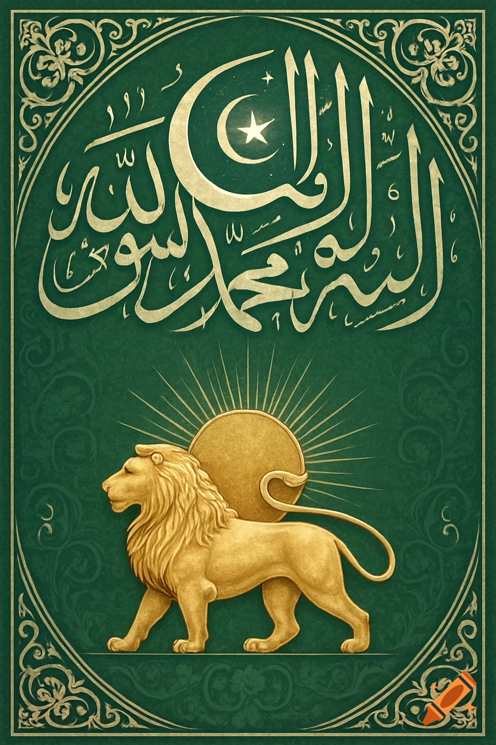 Golden lion with sun, below ornate green and gold Islamic calligraphy with crescent moon and star.