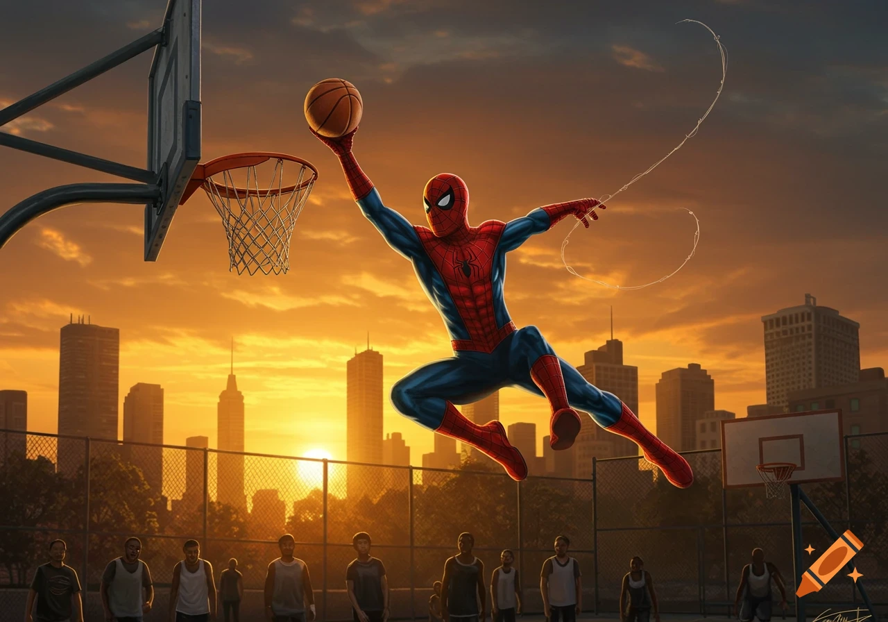 Spider-Man dunks a basketball on an outdoor court with a city skyline at sunset, illustrated in a comic book style.
