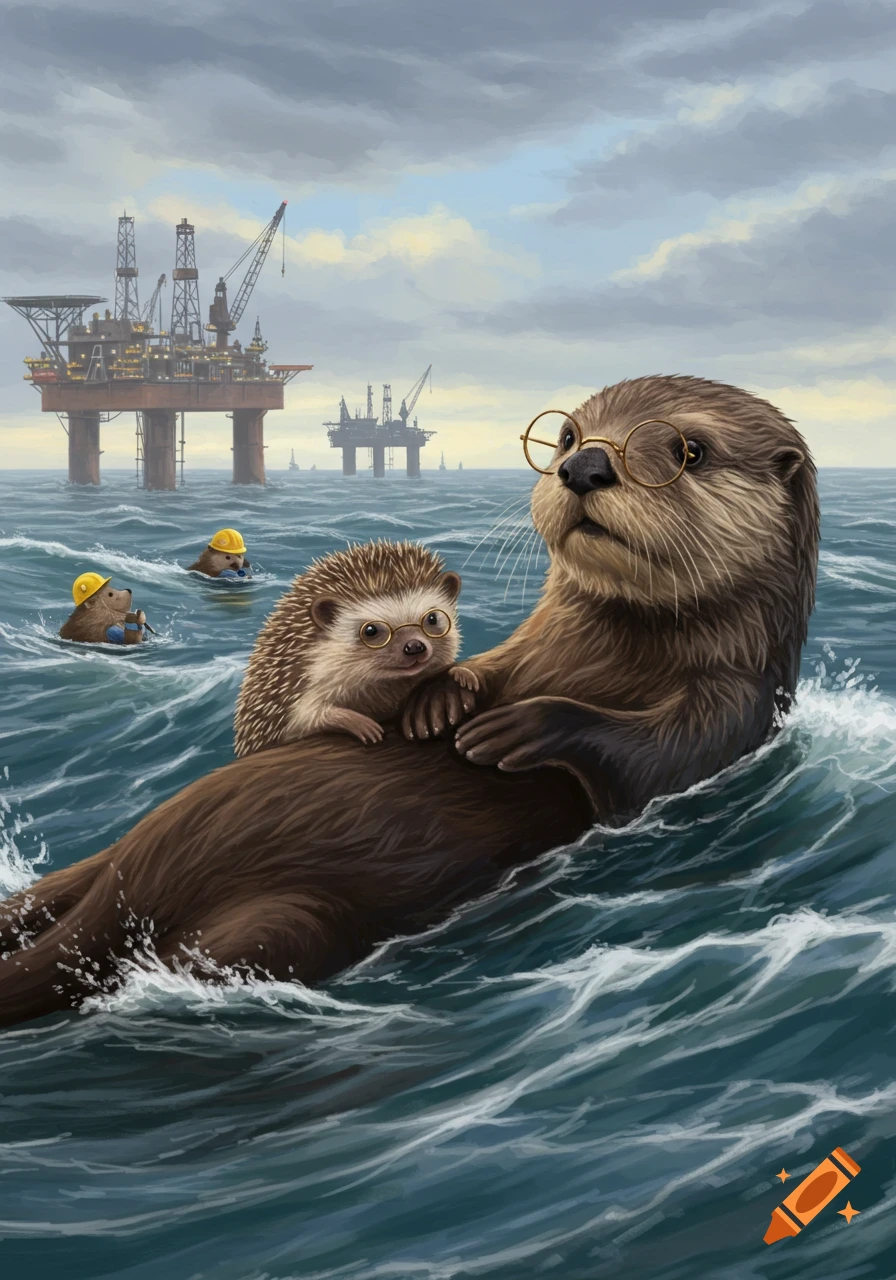 An otter and a hedgehog wearing glasses float in the ocean, with smaller hedgehogs and oil rigs in the background. Illustration.