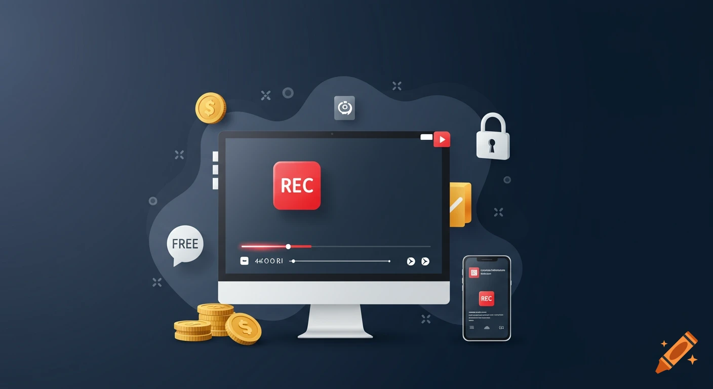 A minimalistic banner showing a computer monitor and a smartphone, both displaying a red 'REC' icon. Gold coins, a speech bubble with 'FREE', and a padlock icon are scattered around on a dark gray background with abstract shapes, symbolizing free and paid software for screen recording.