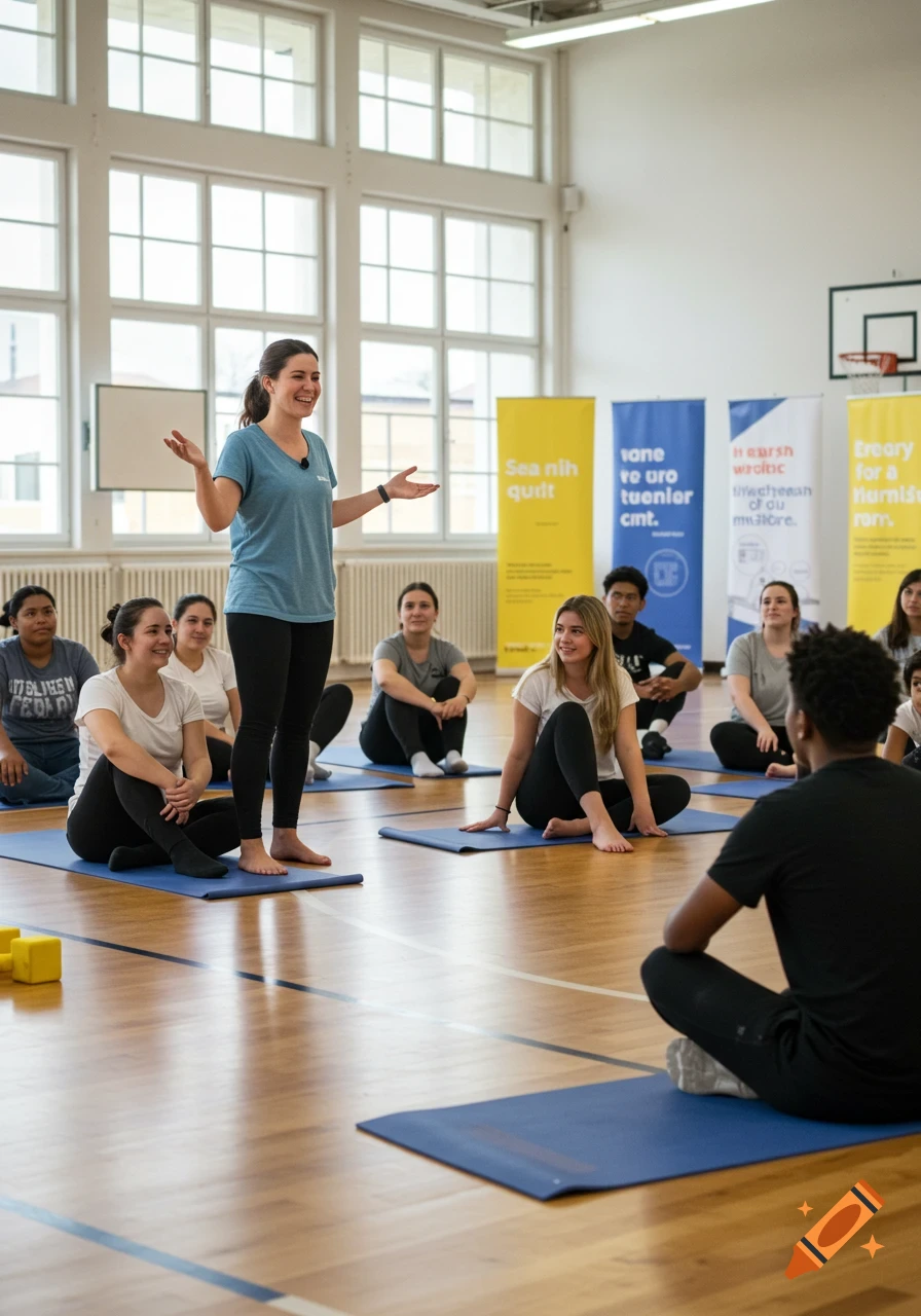 A diverse group of students sits on yoga mats, listening to a smiling female instructor in a bright gym with large windows.
