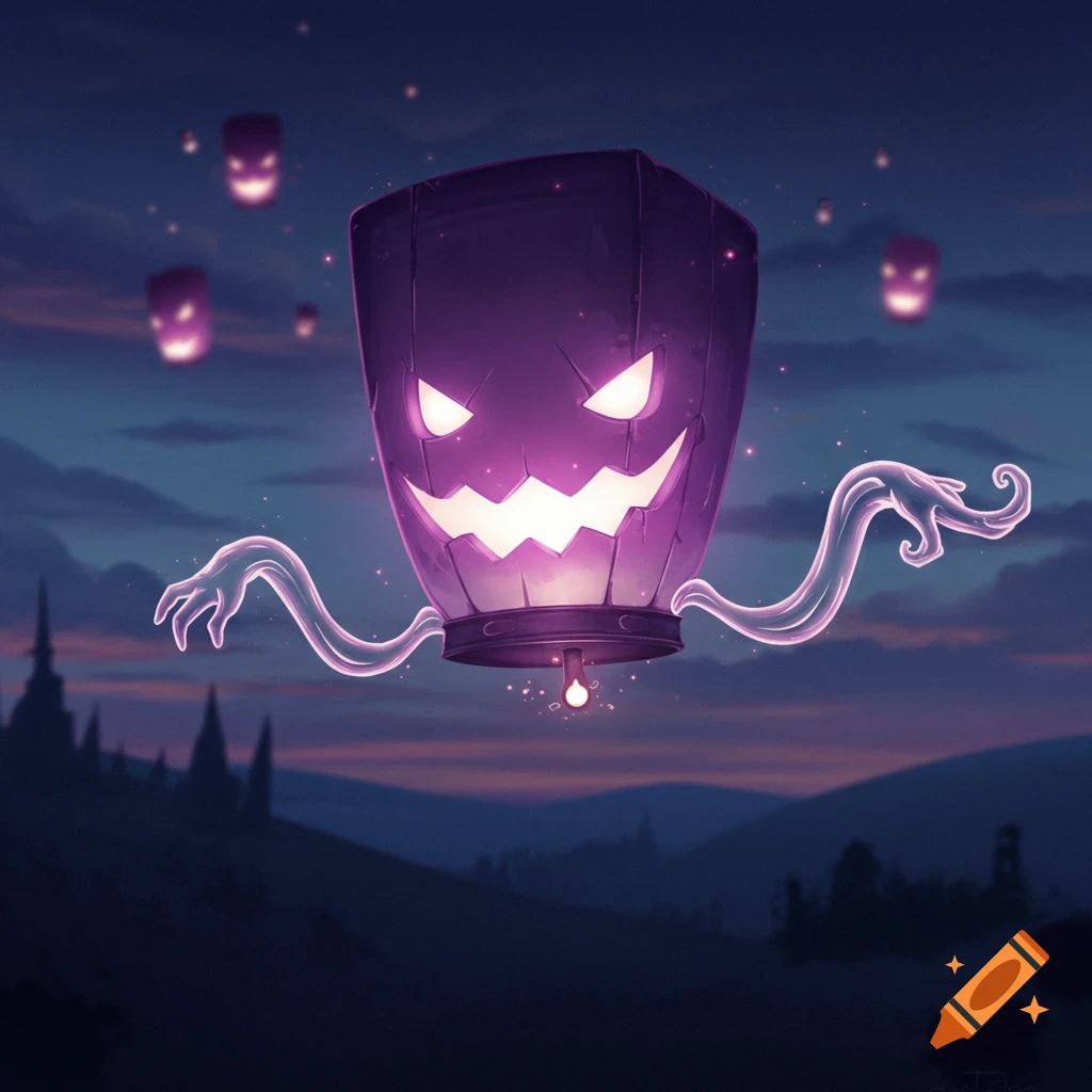 A large purple glowing lantern with a spooky face and ghostly arms floats above a dark landscape with smaller glowing lanterns at dusk.