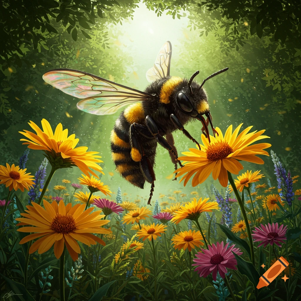 A large bumblebee hovers over a vibrant field of yellow and purple wildflowers, bathed in a bright, glowing forest light.