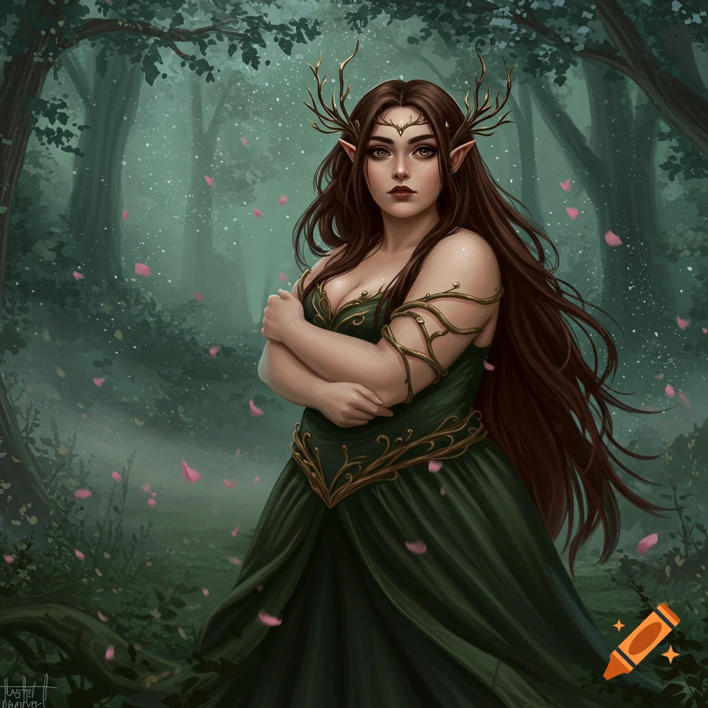 A fantasy woman with antlers and long brown hair in a dark green dress stands in a misty forest with pink petals.