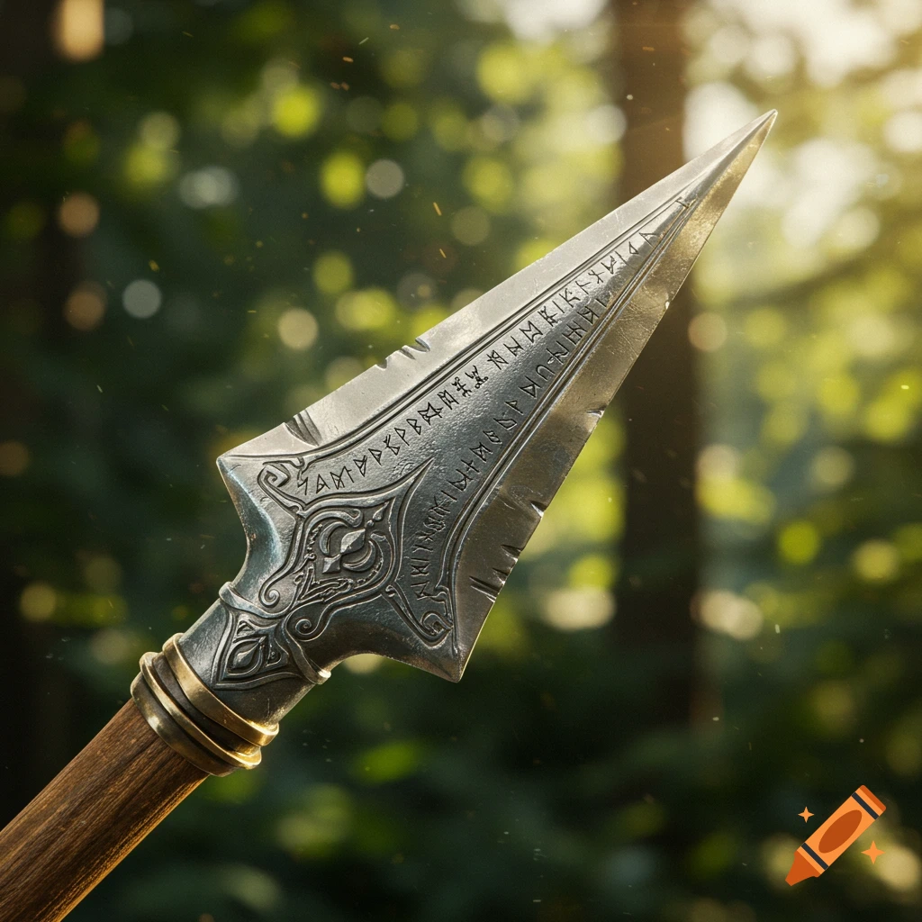 Close-up of an ornate metal spear tip with runic engravings and a wooden shaft, set against a blurred sunlit forest background.