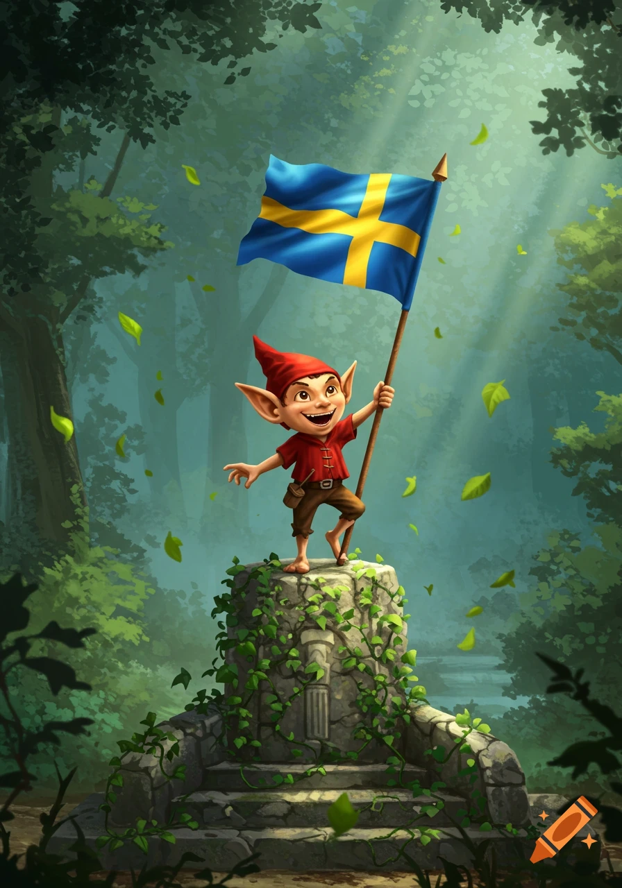 A cheerful cartoon elf in a red hat and shirt stands on a mossy stone holding a Swedish flag in a sun-dappled forest.