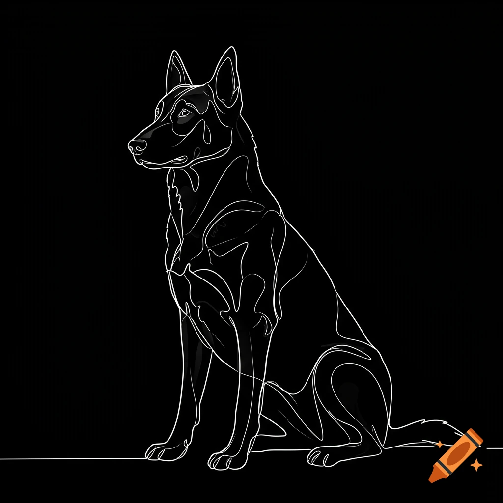 A white continuous-line outline drawing of a Belgian Malinois dog sitting on a black background, facing forward.