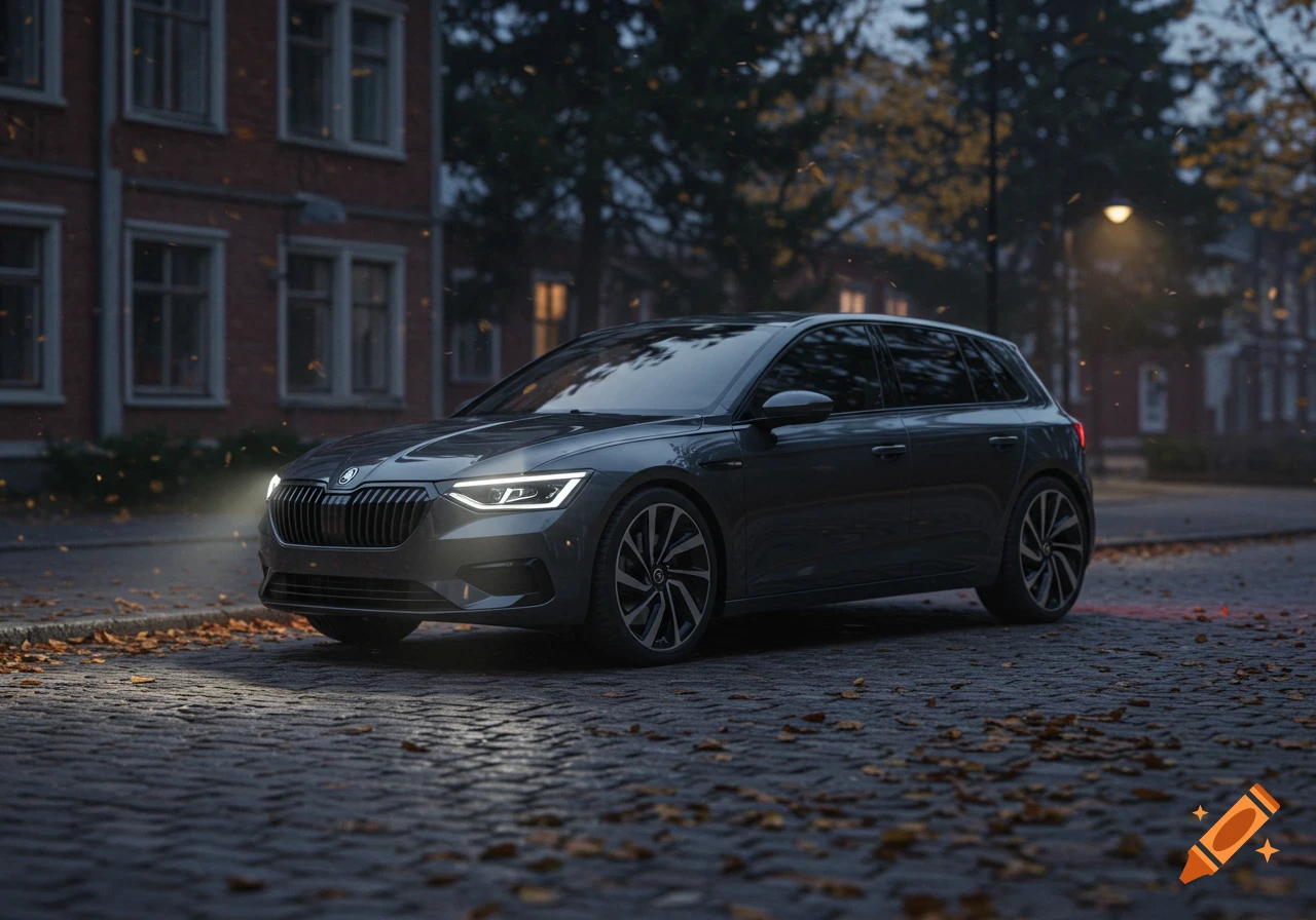 A dark grey modern hatchback car parked on a cobblestone street at dusk, with fallen leaves and buildings in the background.