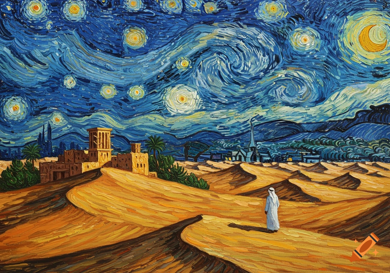 A Van Gogh-style painting of a desert landscape with traditional buildings, dunes, a lone figure, and a starry sky.