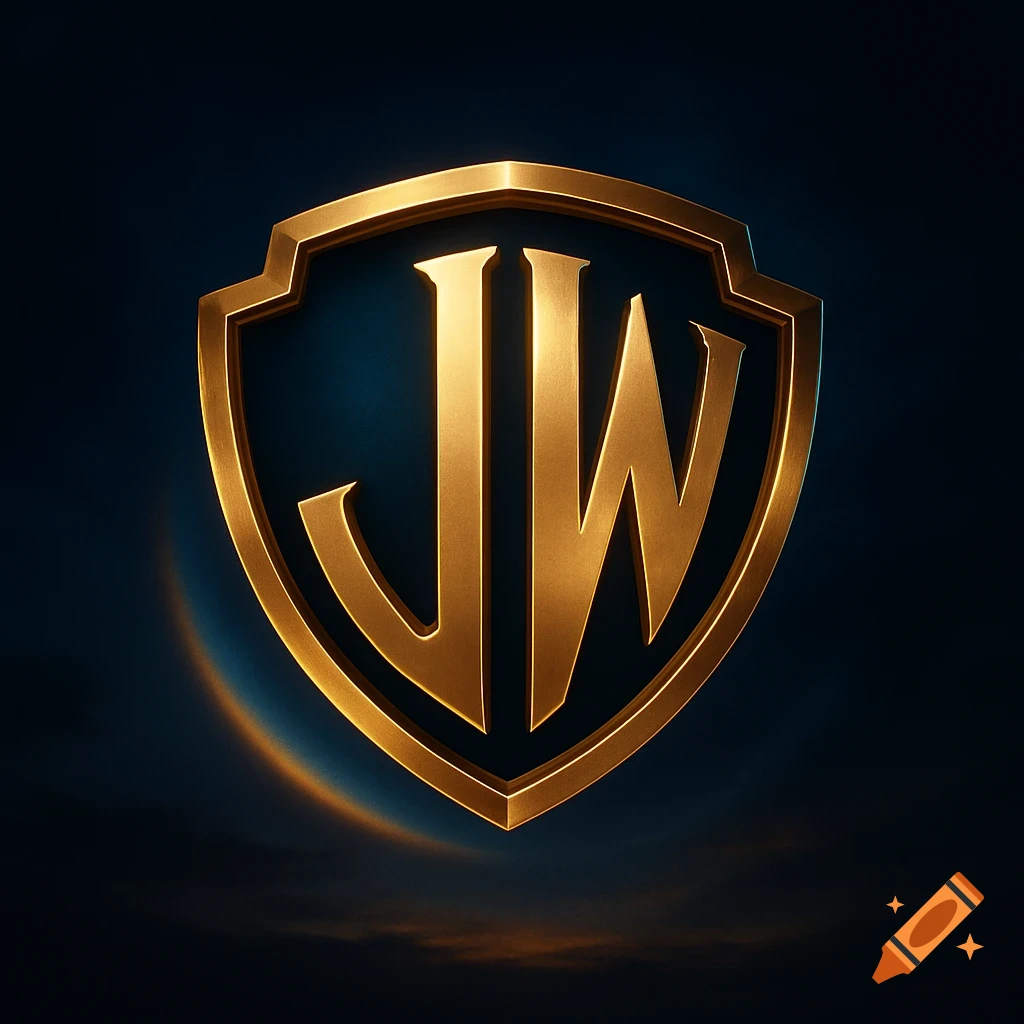 A shiny gold shield logo with the letters JW in the center, set against a dark blue background with subtle light effects.