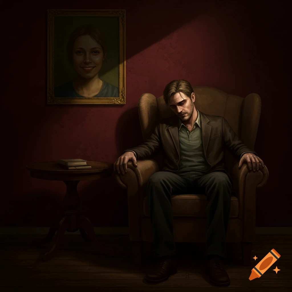 An illustration of a man slumped in a chair, sadly gazing at a smiling woman's portrait on a deep red wall, illuminated by soft light.