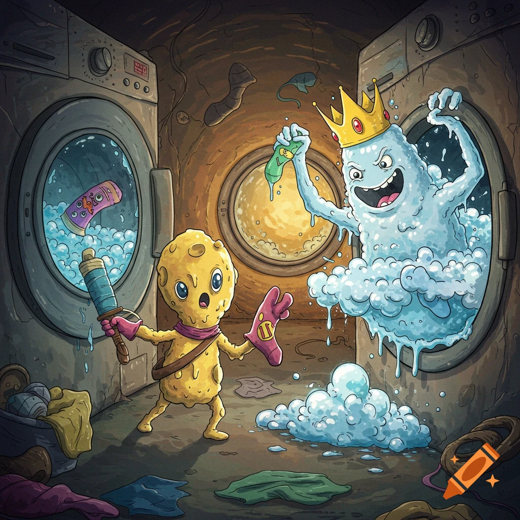 A cartoonish yellow creature with a sock sword confronts a blue foam king emerging from a washing machine in a grimy laundry room.