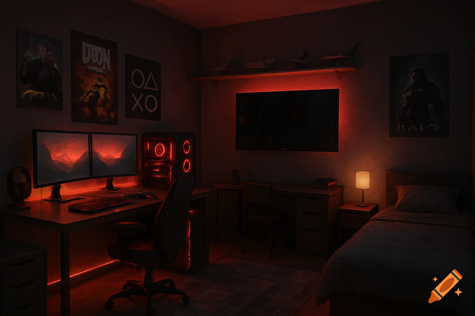 A modern gaming bedroom with red LED lighting, dual monitors, a glowing gaming PC, and game posters on the wall.