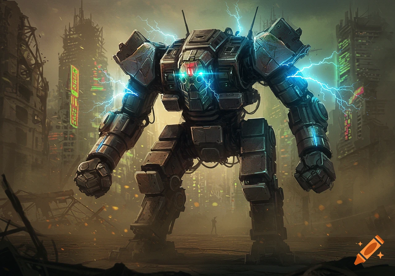 A giant, blocky mech stands in a ruined, dusty cyberpunk city with lightning arcing around it.