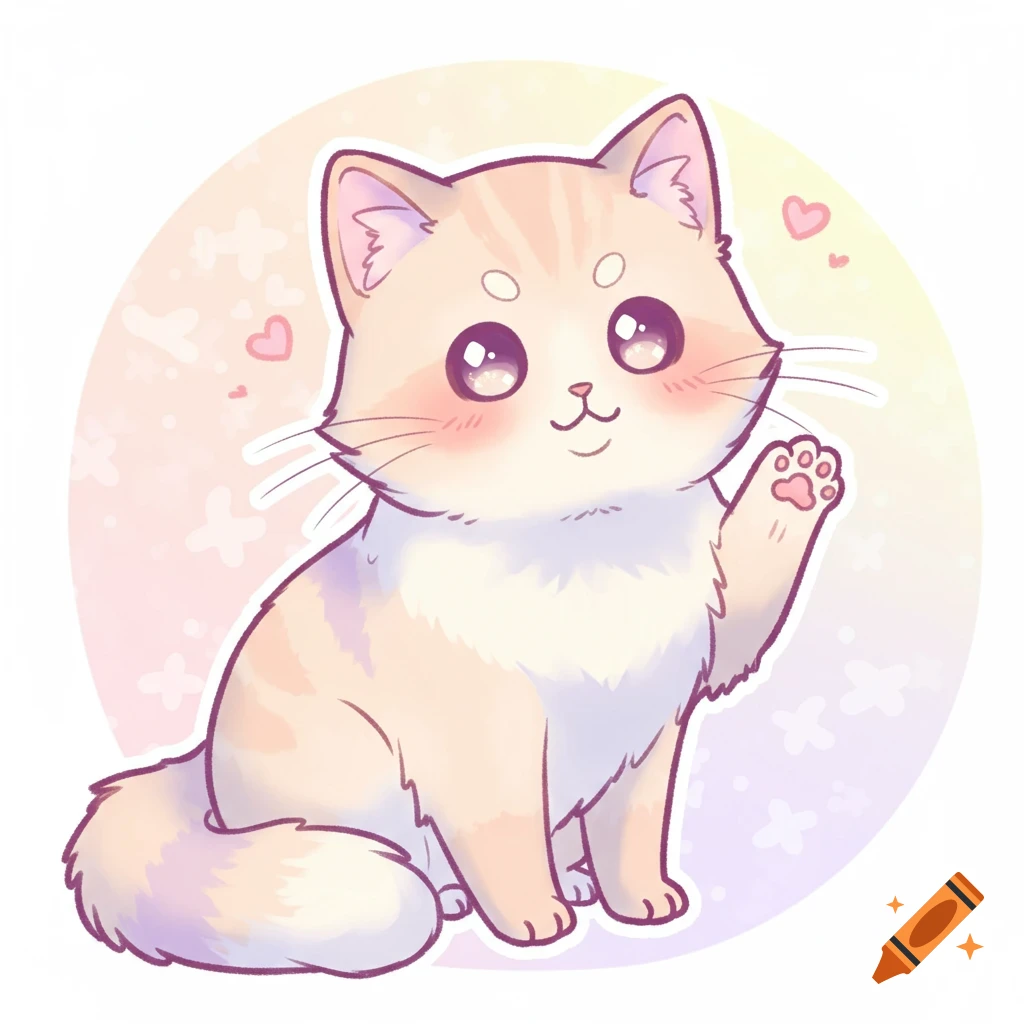 A cute, pastel-colored anime cat with big shiny eyes and rosy cheeks waves a paw.