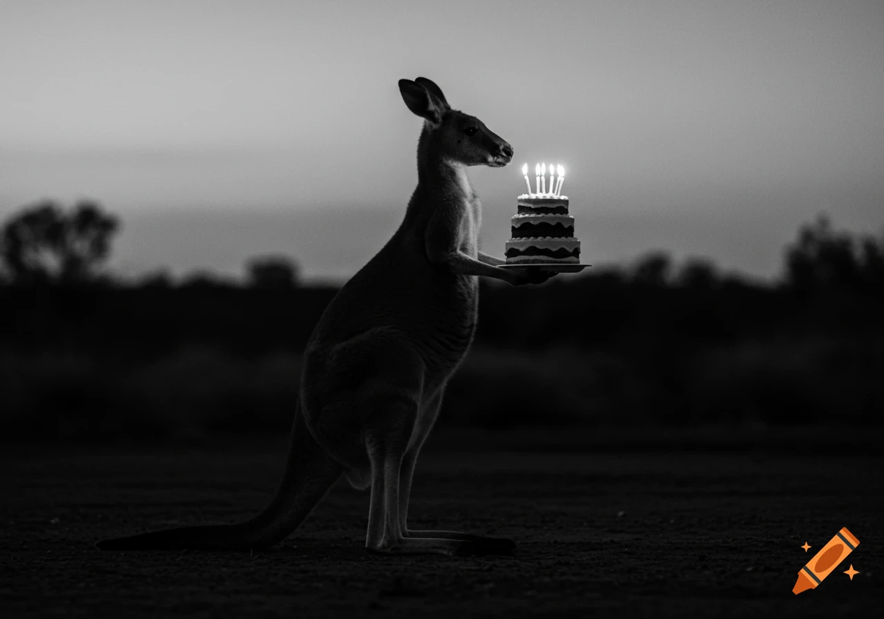 Black and white silhouette of a kangaroo holding a lit birthday cake against a dark sky.