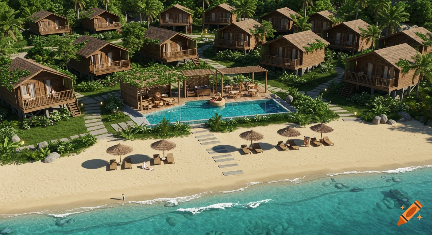 Photorealistic 3D visualization of a tropical resort with wooden bungalows, a pool, outdoor dining, and beach chairs by the ocean.