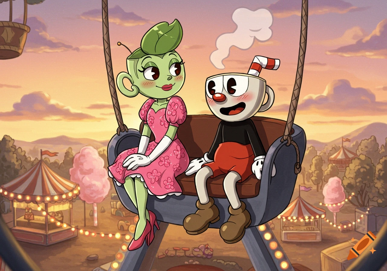 Cuphead and a green tea girl blush and smile on a Ferris wheel against a sunset carnival backdrop, in a cartoon style.