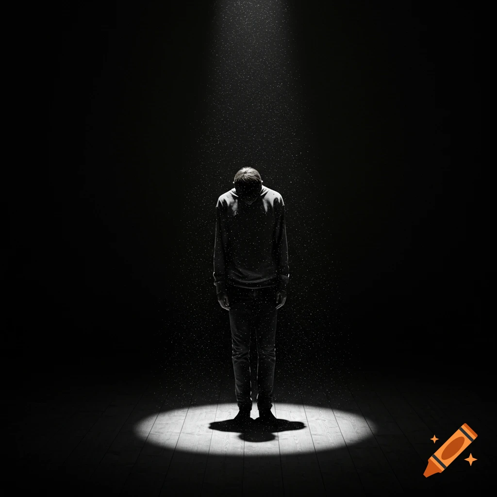 A lone person in a hoodie stands with head bowed under a stark spotlight on a dark stage, rendered in black and white.