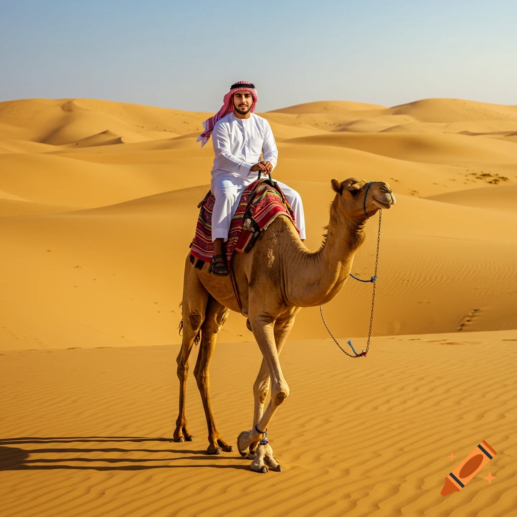 A man in traditional Arabic clothing rides a camel through a golden desert with sand dunes under a clear blue sky, photorealistic.