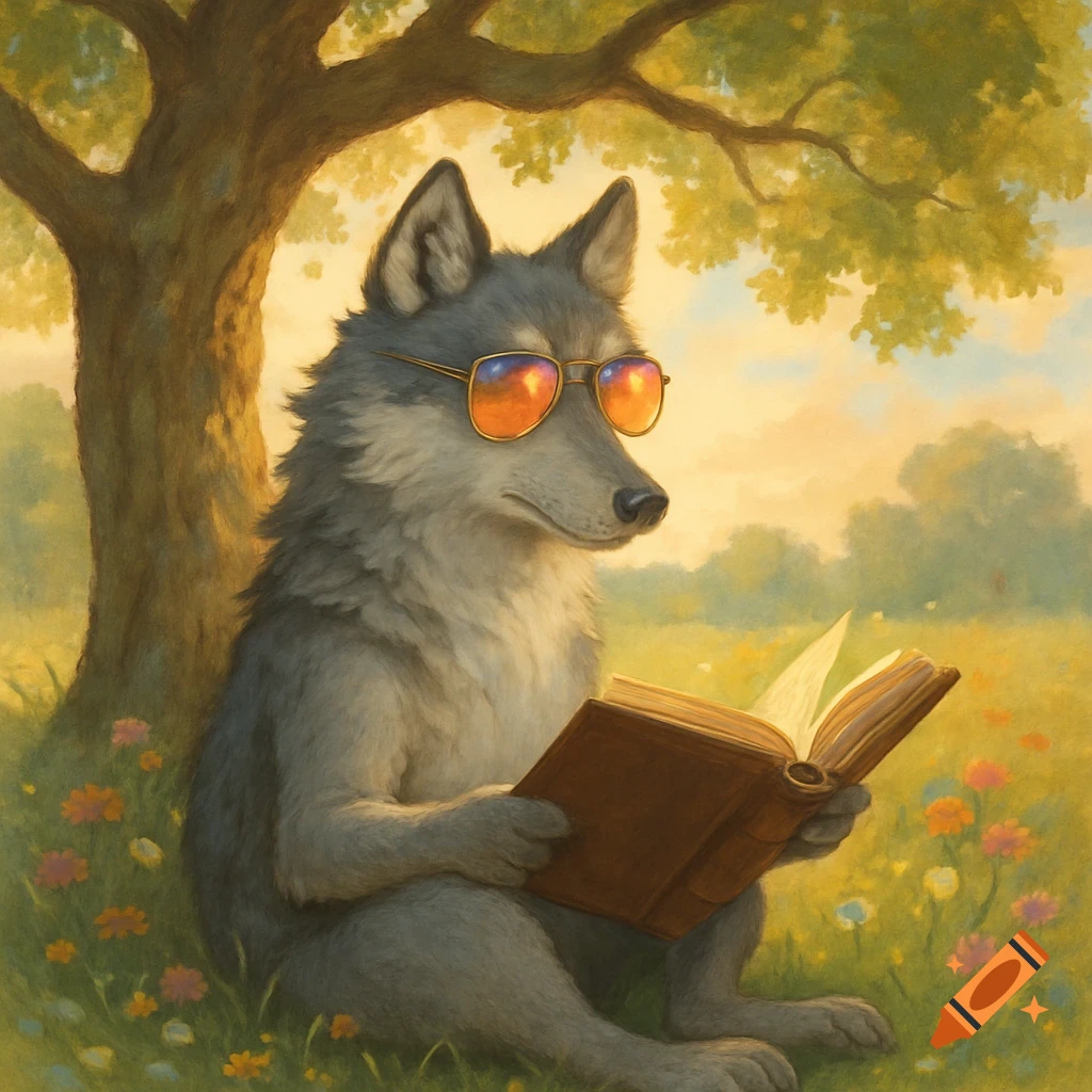 A painted illustration of an anthropomorphic wolf wearing sunglasses, sitting under a tree in a sunny field, reading a book.